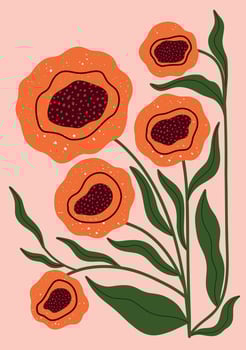bold floral illustration with hand drawn orange abstract flowers and green leaves on soft pink background for wall art, botanical decor and modern interior prints vector