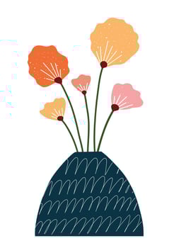 modern floral vase illustration with hand drawn abstract flowers in orange and pink tones for wall art, nursery decor, greeting cards and minimalist design vector