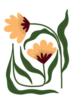 Hand drawn floral art with yellow flowers and playful leaves. Warm and minimal vector