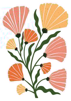 Colorful hand drawn bouquet with fan-shaped petals in warm tones. Ideal for posters, cards, and decorative prints with a whimsical feel. vector