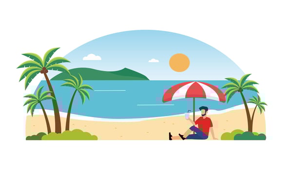 flat design illustration of a man sitting on the beach holding a glass of water. vector