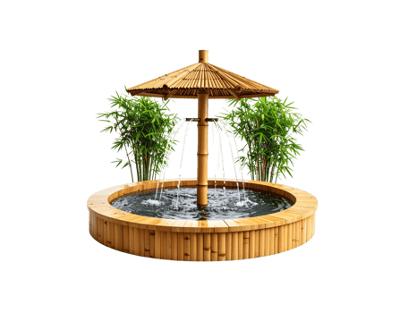 Bamboo Water Fountain with Thatched Umbrella and Lush Green Bamboo Plants. png