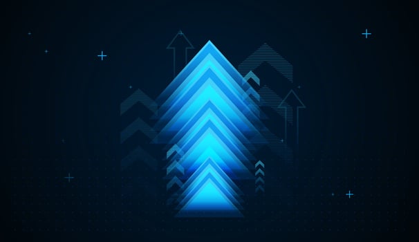 A big arrow moving up on dark blue background. the bright arrows upward growth trend of forex, finance, business, stock market illustration vector
