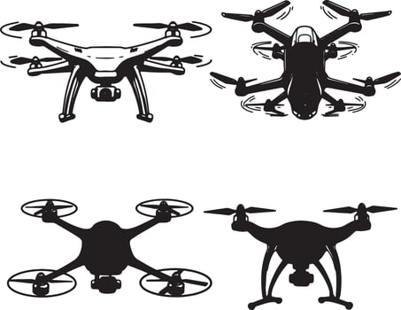 Four Stylish Black Silhouettes of Drones in Flight, Displaying Aerial Photography Mood and Technology - Professional digital artwork with vibrant colors and detailed composition vector