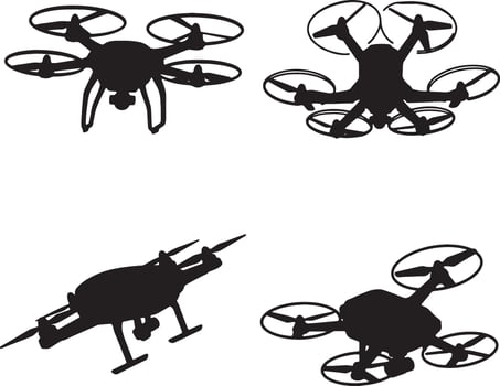 Four Silhouettes of Drones in Flight A Dramatic Black and White Illustration of Aerial Technology vector