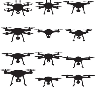Collection of Twelve Stylish Black Silhouette Drones Hovering in a White Background, Illustrating Various Designs and Sizes vector