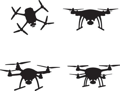 Four Black Silhouettes of Drones in Flight Aerial Photography and Surveillance Mood - Professional digital artwork with vibrant colors and detailed composition vector