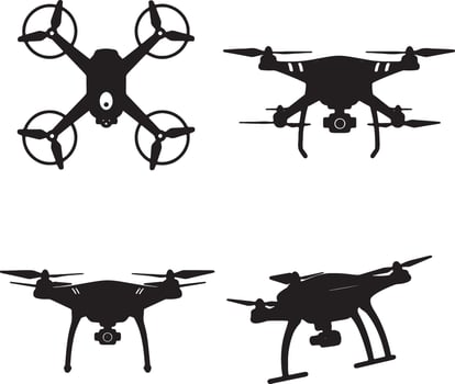 Four Stylish Black Silhouettes of Drones in Flight, Isolated on White Background Aerial Photography Mood vector