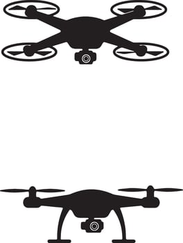 Two Black Silhouettes of Drones Flying High in a Dramatic, Airy Setting, Symbolic of Technological Advancement and Modern Aerial Photography vector