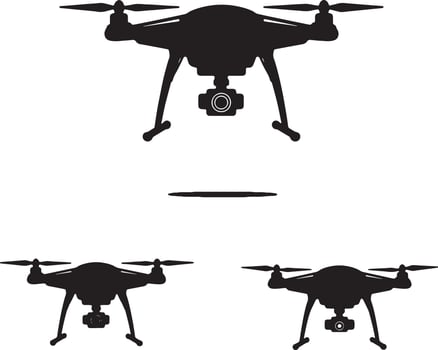 Majestic Black Drone Silhouettes Hovering, Capturing Aerial Views, Serene White Background - Professional digital artwork with vibrant colors and detailed composition vector