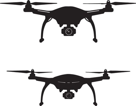 Two Sleek Black Drones Hovering, Isolated on White Background Dramatic Silhouette of Unmanned Aerial Vehicles vector