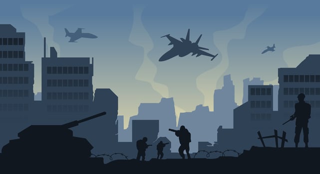 War in the city silhouette background vector