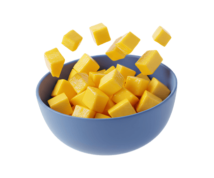 bowl of mango slices . Mango fruit bowl isolated. Sliced mango fruit falling down into blue ceramic bowl . Fresh and organic mango isolated png