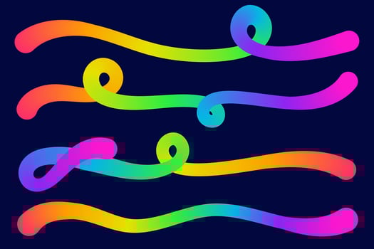Color gradient lines. Abstract wavy shapes. Curved rainbow spiral elements on dark background. Dynamic squiggle bright gradation strokes for poster and banner design. vector