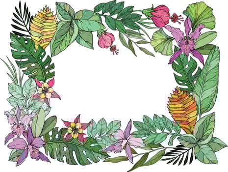 Colorful tropical leaves and flowers illustration vector