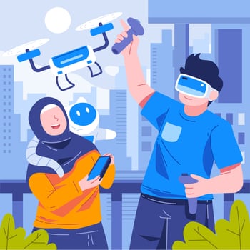 People using drones and virtual reality visors vector
