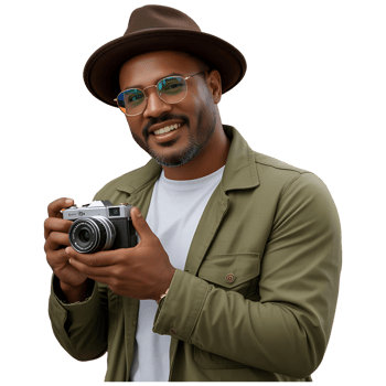 Modern Man with Camera in Leather Jacket and Hat Photography Stock Image png