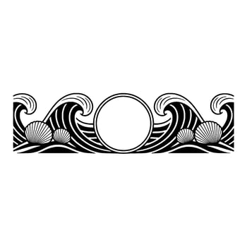 Art Deco Ocean Border Waves, Shells Circle Frame. vector