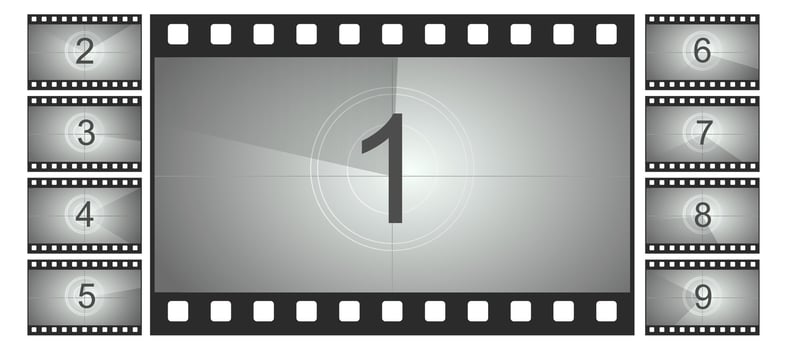 Countdown set movie frame, film intro animation retro screen. Start Timer set, film strip border, Vintage counter. vector