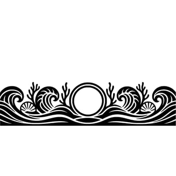 Decorative Oceanic Border with Waves, Shells, and Circle in Black and White. vector