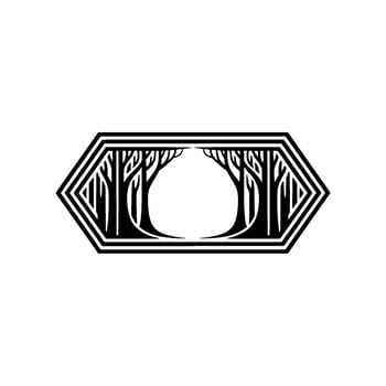 Minimalist Forest Scene in Art Deco Hexagon Frame. vector