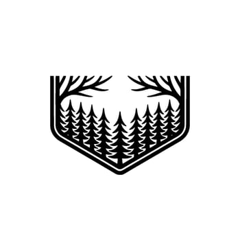 Minimalist Forest Badge Trees Branches, Black on White. vector