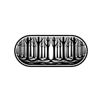 Stylized Forest in Oval Frame, Black and White Minimalist. vector