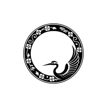 Japanese Crane Circle Floral Frame. vector