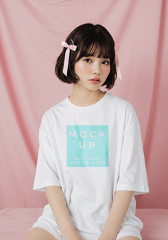 Merchandise Display Mockup with a Woman on a Simple Background psd