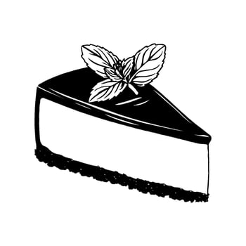 Slice of cheesecake with chocolate topping and mint garnish, black and white sketch style, isolated on white background, concept of dessert vector