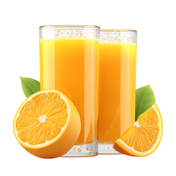 Two glasses of fresh orange juice with orange slices and leaves png