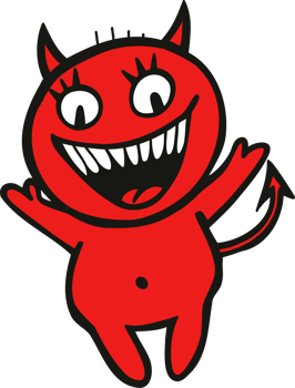 Cute red cartoon devil with horns and a tail smiling widely, a funny spooky character for Halloween and holiday design. png