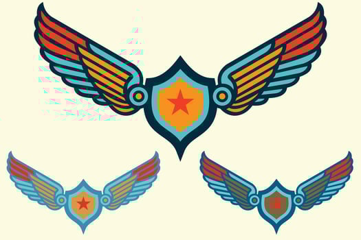 Retro Winged Badge Icon with Star Shield, Vintage Military Emblem Design vector