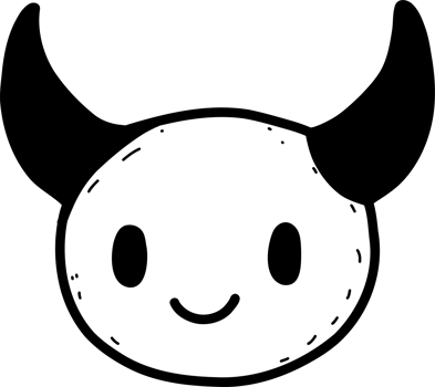 Happy little devil face doodle. Black and white hand drawn demon emoji for holiday or digital sticker creation. Simple cartoon character. png
