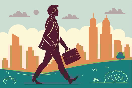 Businessman Walking Through the Cityscape, Retro Style vector
