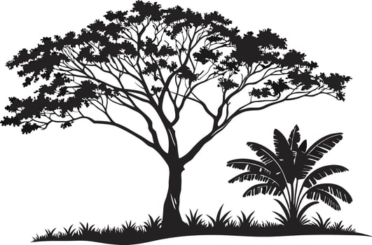 Silhouettes of a Majestic Tree and Tropical Plants vector