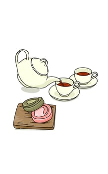 Teapot and cups with treats vector