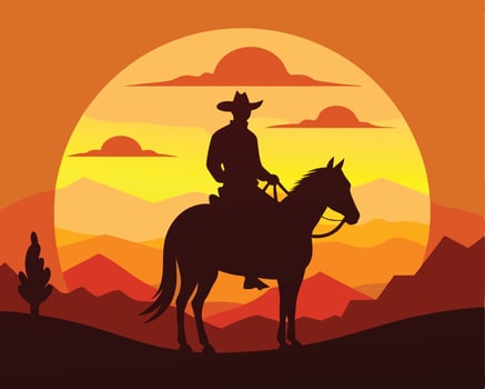 Silhouette of a cowboy riding a horse silhouetted against a sunset western landscape design vector
