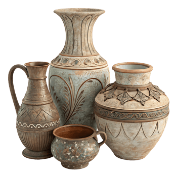 Collection of antique pottery vases isolated png