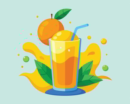 illustration of refreshing orange juice with orange fruit and green leaves for healthy summer drinks. vector