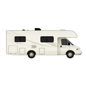 White motorhome with sleek design and tinted windows is shown in side view, highlighting its compact and modern features, ideal for travel and adventure enthusiasts png