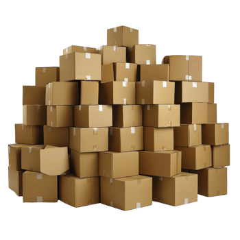 Large stack of cardboard boxes is piled up, creating sense of organized chaos. boxes are various sizes, with some showing signs of wear, suggesting they have been used for storage or moving png