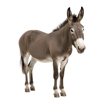Brown donkey stands on transparency background, showcasing its distinctive long ears and sturdy build. donkey calm expression and natural posture highlight its gentle nature png