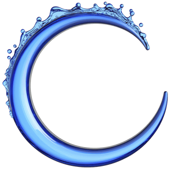 Dynamic blue crescent shape with water splash elements creates sense of fluidity and motion, symbolizing freshness and energy. design is sleek and modern, ideal for creative projects png