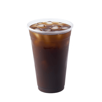 Refreshing iced coffee in clear plastic cup, filled with ice cubes, showcasing rich, dark brown color. Perfect for hot day, this beverage offers cool and energizing experience png