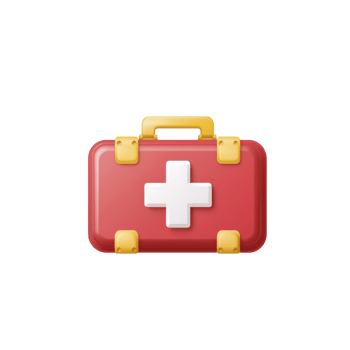 Red first aid kit with white cross symbol and yellow handle, representing emergency medical supplies. kit is designed for quick access in urgent situations png