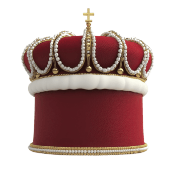 Luxurious red velvet crown adorned with pearls and gold accents, featuring cross on top, symbolizes royalty and elegance. intricate design reflects opulence and tradition png