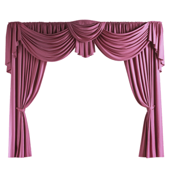 Elegant pink stage curtains with draped swags and pleats create luxurious and theatrical ambiance. rich fabric and classic design evoke sense of drama and sophistication png