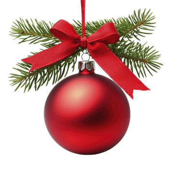Shiny red Christmas ornament hangs from green pine branch, adorned with festive red bow, creating joyful holiday atmosphere png