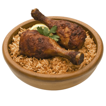 Two grilled chicken drumsticks rest on bed of seasoned rice in wooden bowl, garnished with lemon slice and fresh parsley, creating delicious and inviting meal png